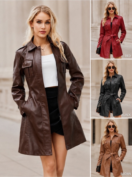 Glitz Jackets & Blazers - Belted Leather Trench Jacket